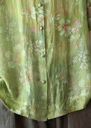 Loose Grass Green Stand Collar Print Button Cotton Top Short Sleeve