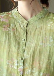Loose Grass Green Stand Collar Print Button Cotton Top Short Sleeve