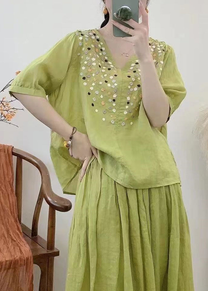Loose Grass Green V Neck Embroidered Cotton Tops Half Sleeve