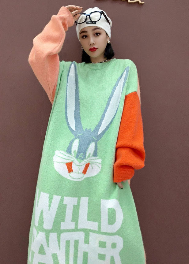 Loose Green Animal Patchwork Knit Sweater Dress Spring