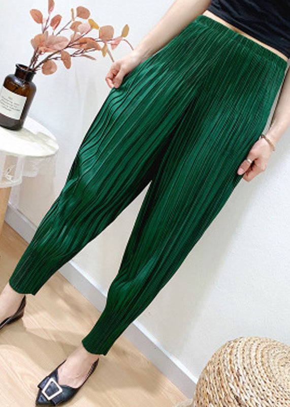 Loose Green Elastic Waist Pockets Crop Pants Summer