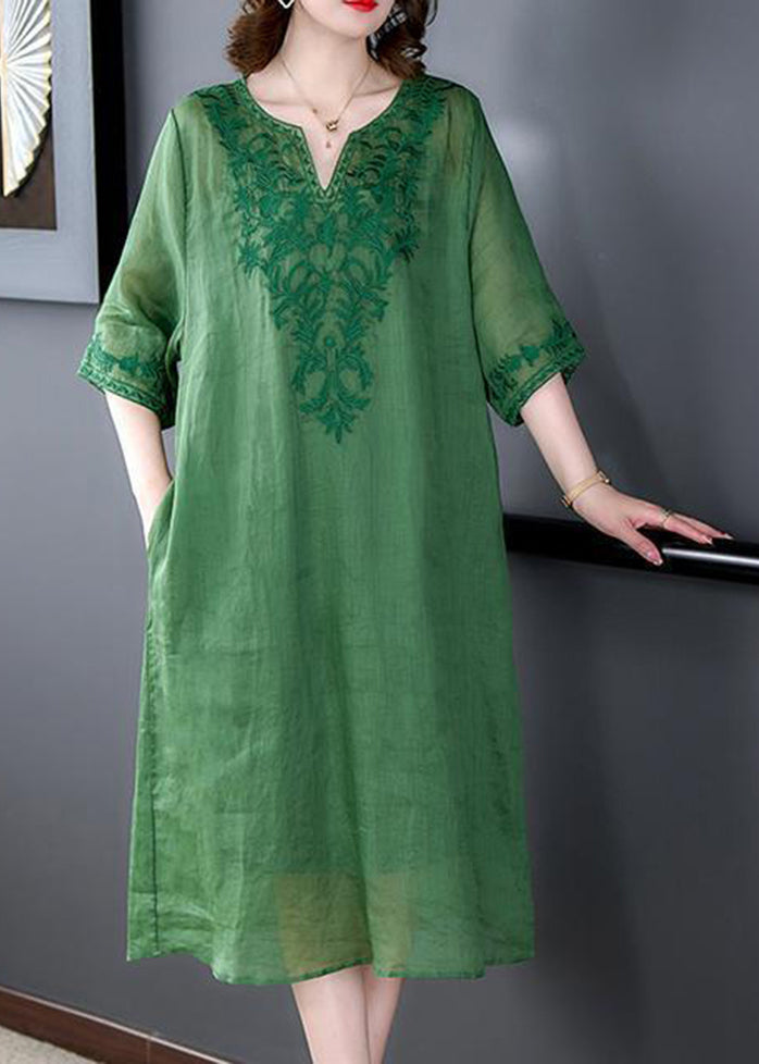 Loose Green Embroidered Linen Silk Dresses Half Sleeve