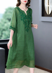 Loose Green Embroidered Linen Silk Dresses Half Sleeve