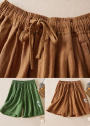 Loose Green Embroidered Pockets Patchwork Linen Shorts Summer