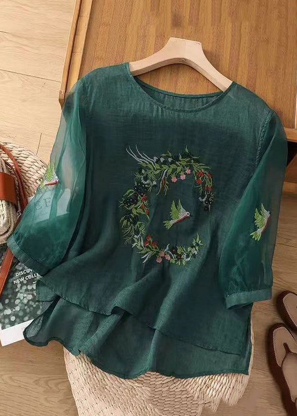 Loose Green Embroideried Side Open Cotton Top Half Sleeve