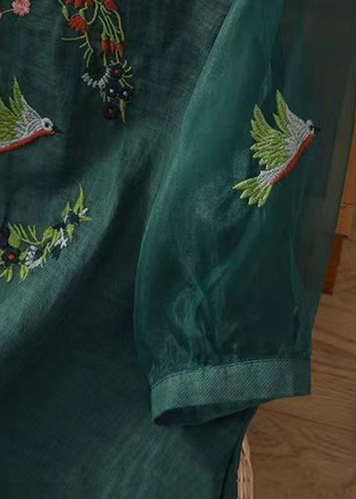 Loose Green Embroideried Side Open Cotton Top Half Sleeve