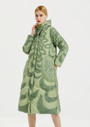Loose Green Hooded Embroidered Patchwork Duck Down Long Coat Winter