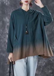 Loose Green Hooded Gradient Color Cotton Sweatshirt Streetwear Spring