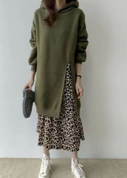 Loose Green Hooded Patchwork Leopard False Two Pieces Warm Fleece Dress Long Sleeve