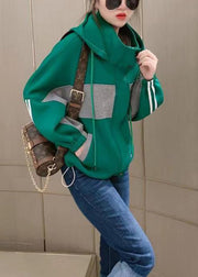 Loose Green Hooded Pockets Patchwork Cotton Coats Fall