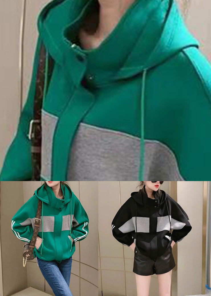 Loose Green Hooded Pockets Patchwork Cotton Coats Fall