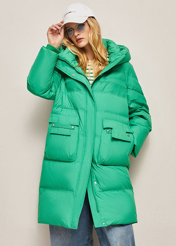 Loose Green Hooded Wrinkled Solid Duck Down Down Coat Winter