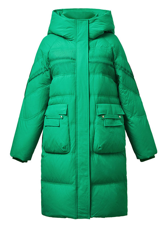 Loose Green Hooded Wrinkled Solid Duck Down Down Coat Winter