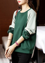 Loose Green O Neck Embroidered Patchwork Cotton Sweatshirts Fall