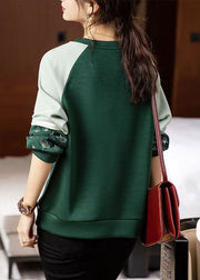 Loose Green O Neck Embroidered Patchwork Cotton Sweatshirts Fall