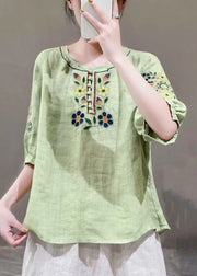 Loose Green O Neck Embroidered Patchwork Cotton T Shirt Half Sleeve
