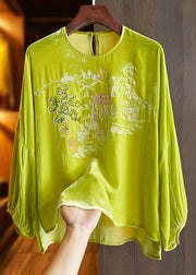 Loose Green O Neck Embroidered Silk Velour Top Long Sleeve