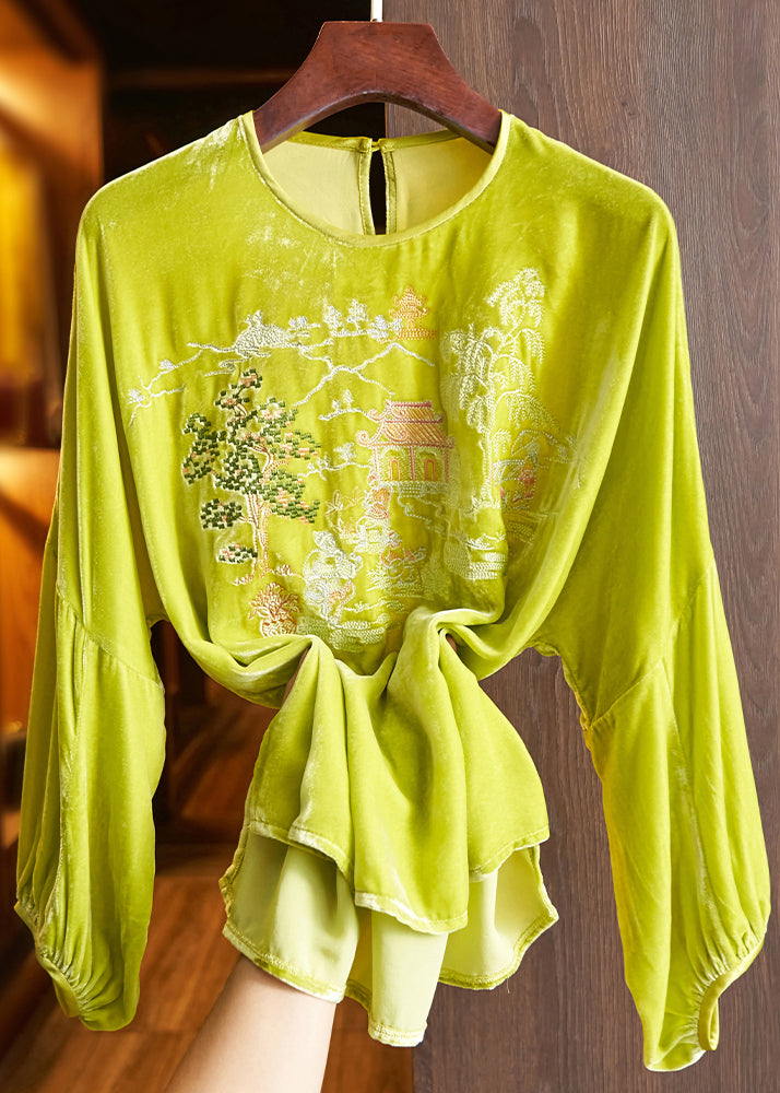 Loose Green O Neck Embroidered Silk Velour Top Long Sleeve