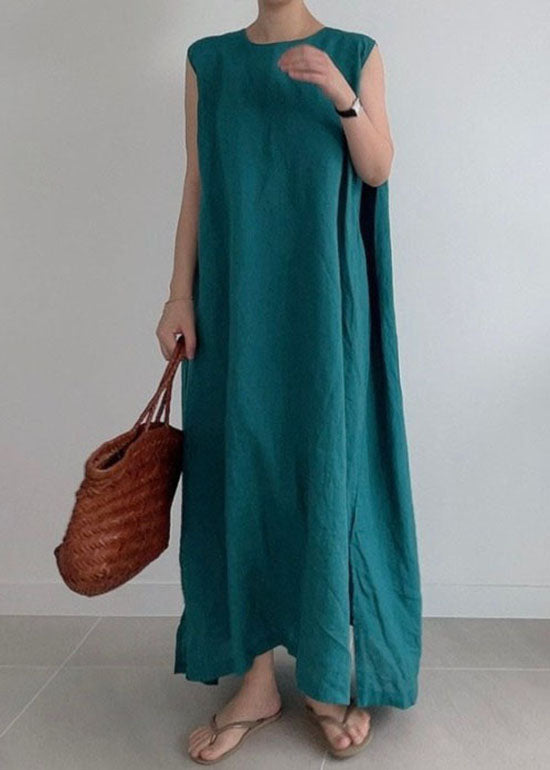 Loose Green O Neck Patchwork Cotton Dresses Sleeveless