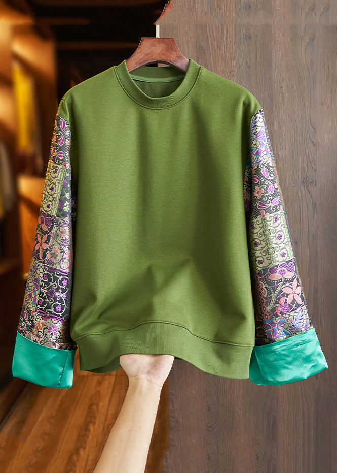 Loose Green O Neck Print Patchwork Cotton Top Fall