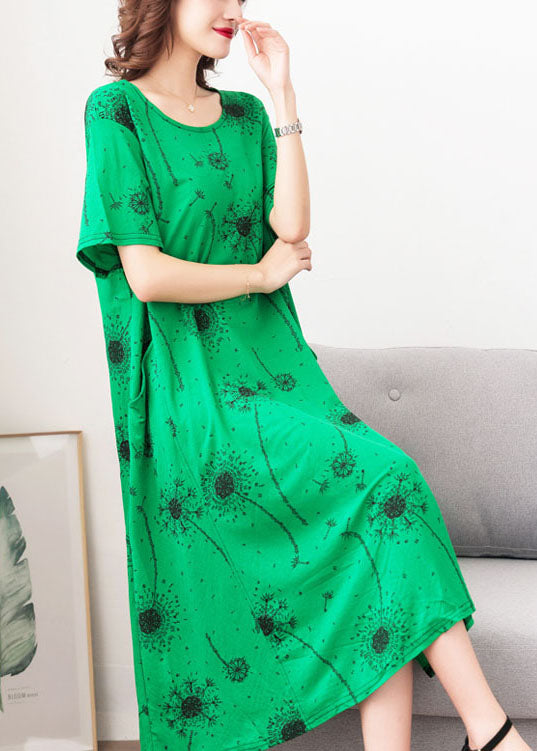 Loose Green O Neck Print Pockets Patchwork Cotton Dress Summer