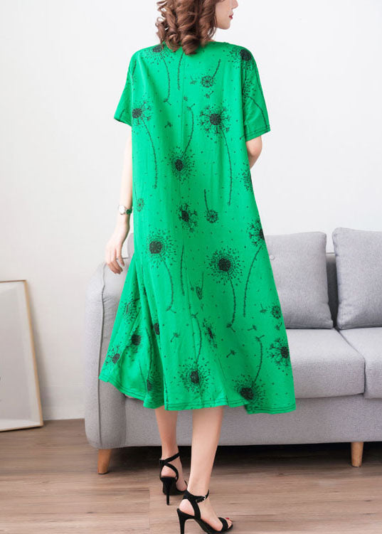 Loose Green O Neck Print Pockets Patchwork Cotton Dress Summer