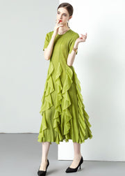 Loose Green O-Neck Ruffled Patchwork Chiffon Long Dresses Summer