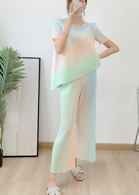 Loose Green O-Neck Striped Top And Pants Silk Two Piece Set Summer