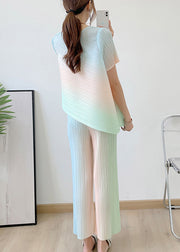 Loose Green O-Neck Striped Top And Pants Silk Two Piece Set Summer