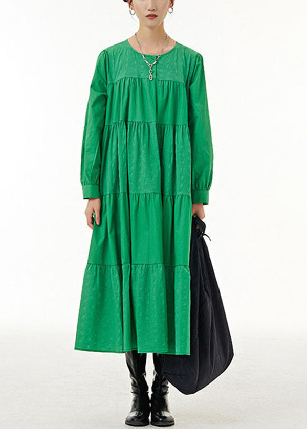 Loose Green O Neck Wrinkled Patchwork Cotton Dresses Spring