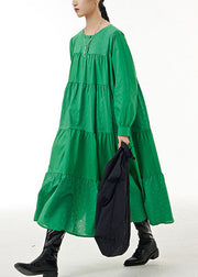 Loose Green O Neck Wrinkled Patchwork Cotton Dresses Spring