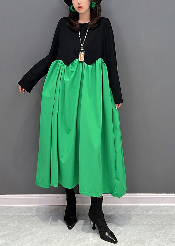 Loose Green O-Neck Wrinkled Patchwork Maxi Dresses Winter