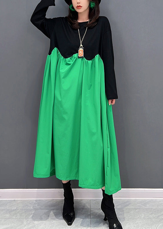 Loose Green O-Neck Wrinkled Patchwork Maxi Dresses Winter