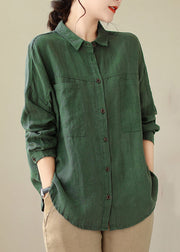Loose Green Patchwork Button Pockets Shirts Long Sleeve
