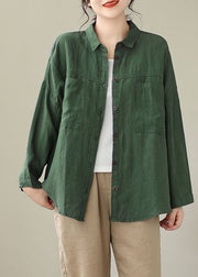Loose Green Patchwork Button Pockets Shirts Long Sleeve