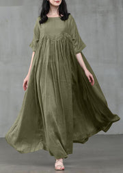 Loose Green Patchwork Wrinkled Linen Maxi Dress Short Sleeve