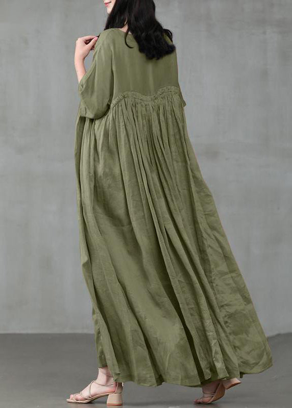 Loose Green Patchwork Wrinkled Linen Maxi Dress Short Sleeve