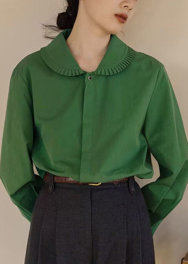 Loose Green Peter Pan Collar Button  Cotton Blouses Fall
