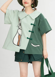 Loses grünes Baumwollhemd mit Peter-Pan-Kragen und Knopfdruck, kurze Ärmel