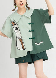 Loses grünes Baumwollhemd mit Peter-Pan-Kragen und Knopfdruck, kurze Ärmel
