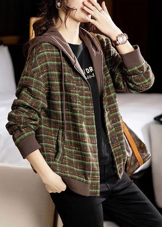 Loose Green Plaid Hooded Zippered Patchwork Cotton Coat Fall