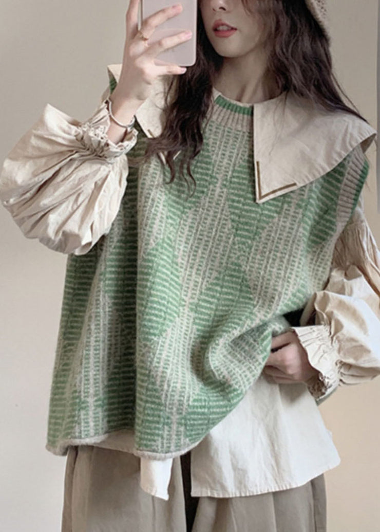 Loose Green Plaid Print Knit Waistcoat And Shirts Two Pieces Set Fall