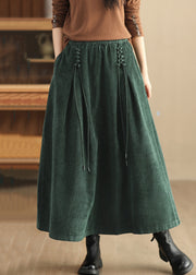 Loose Green Pockets Elastic Waist Corduroy Skirts Spring
