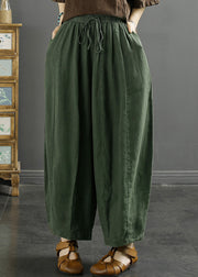 Loose Green Pockets Elastic Waist Linen Crop Pants Summer