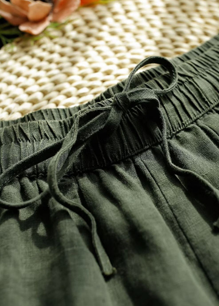 Loose Green Pockets Elastic Waist Linen Crop Pants Summer