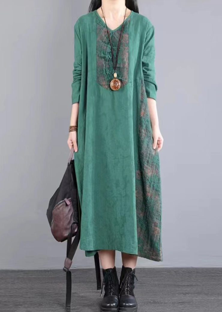 Loose Green Pockets Hollow Out Lace Patchwork Cotton Dress Fall