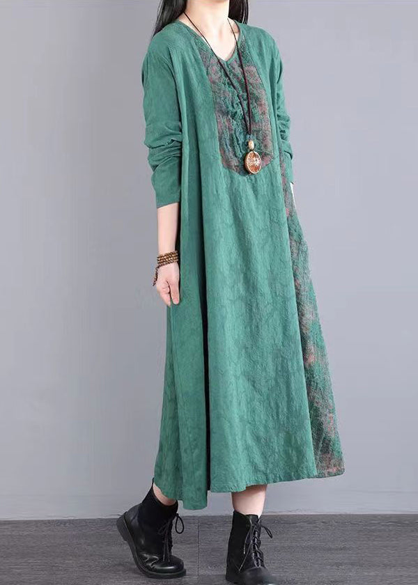 Loose Green Pockets Hollow Out Lace Patchwork Cotton Dress Fall