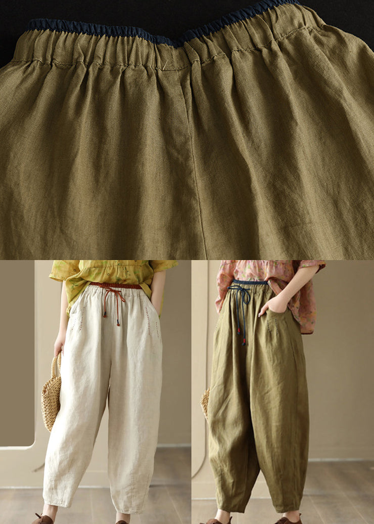 Loose Green Pockets Tie Waist Linen Wide Leg Pants