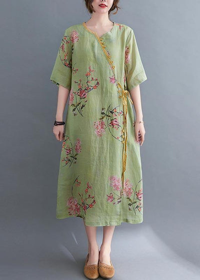 Loose Green Print Button Maxi Summer Cotton Dress - SooLinen