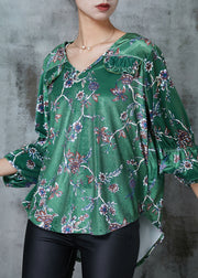 Loose Green Print Low High Design Silk Velour Shirt Spring